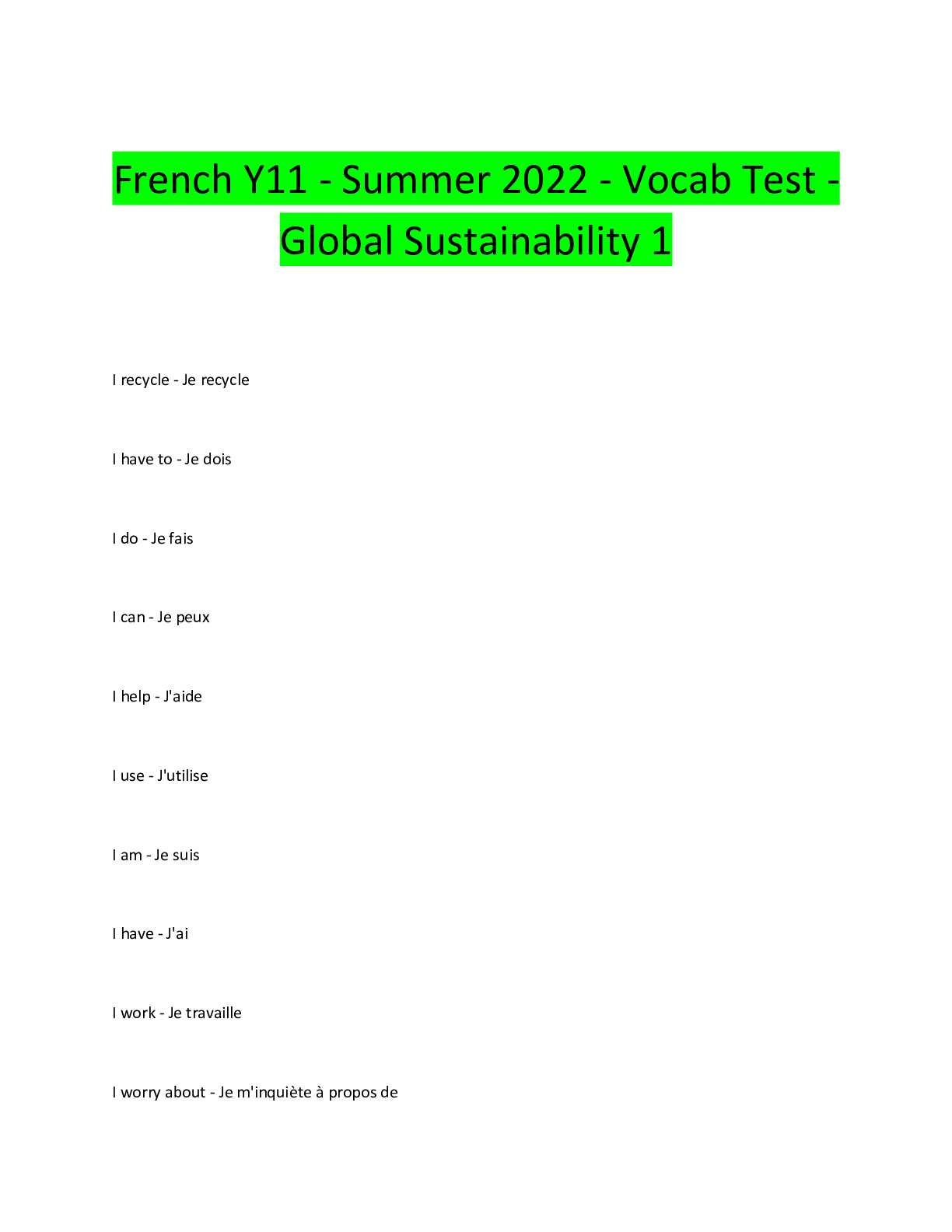 Preview image for French Y11 - Summer 2022 - Vocab Test - Global Sustainability 1